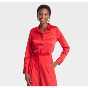 A New Day Target NWT Small Red Satin ButtonDown Shirt LongSleeve Collared Blouse